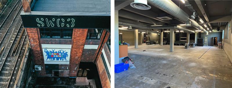 2 photos of the interior and exterior of the music venue SWG3