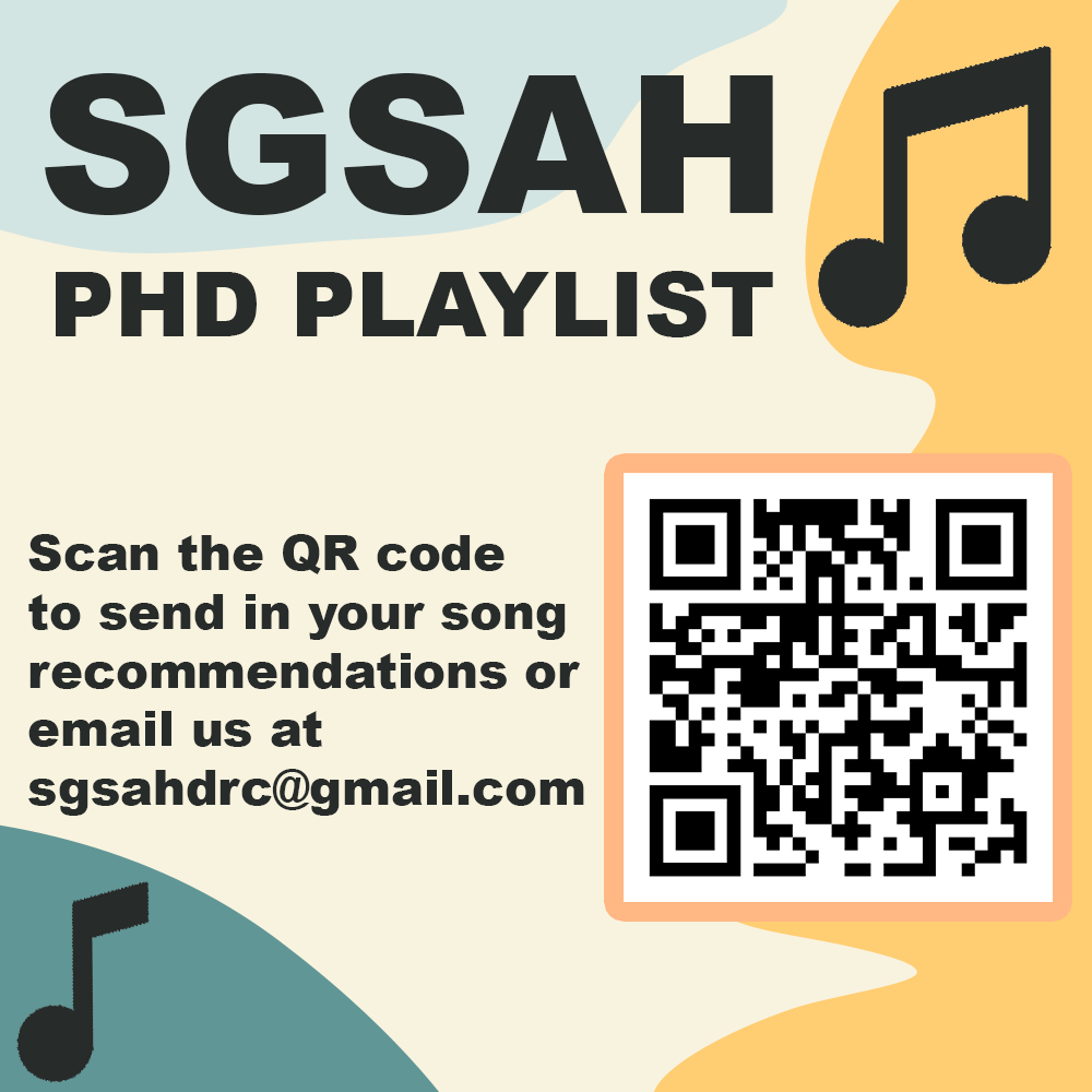 The words 'SGSAH PHD Playlist' next to a music note and a QR code on a yellow background with blue shapes