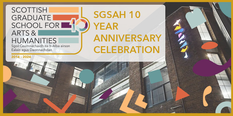 an exterior shot of the SWG3 building, surrounded by confetti shapes and the SGSAH logo