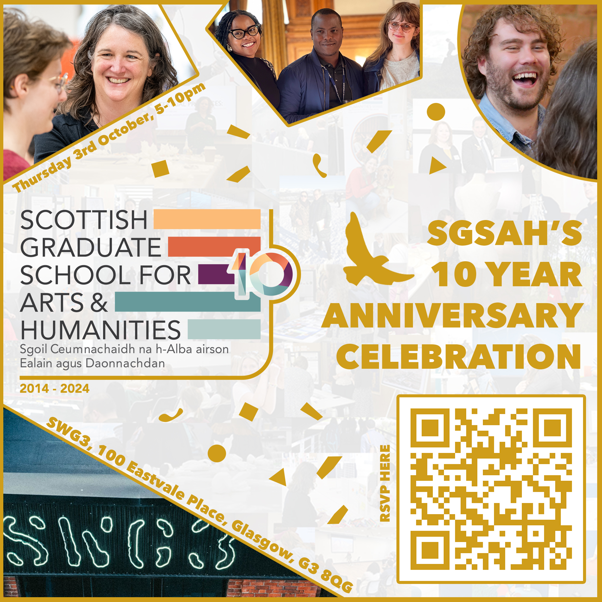 A square image with various photos of people smiling and laughing in different geometrical shapes. The SGSAH logo and anniversary details are in the middle