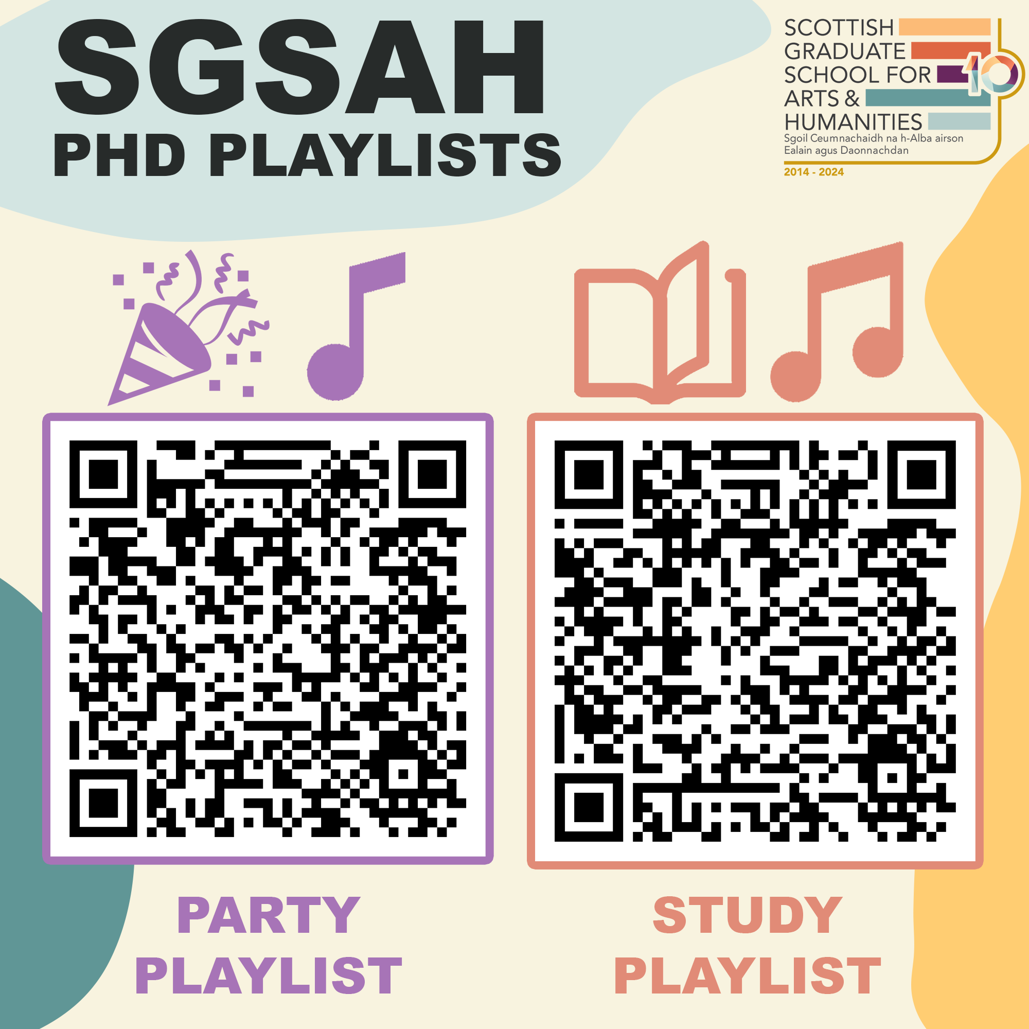 2 QR codes with a music and book symbol above each