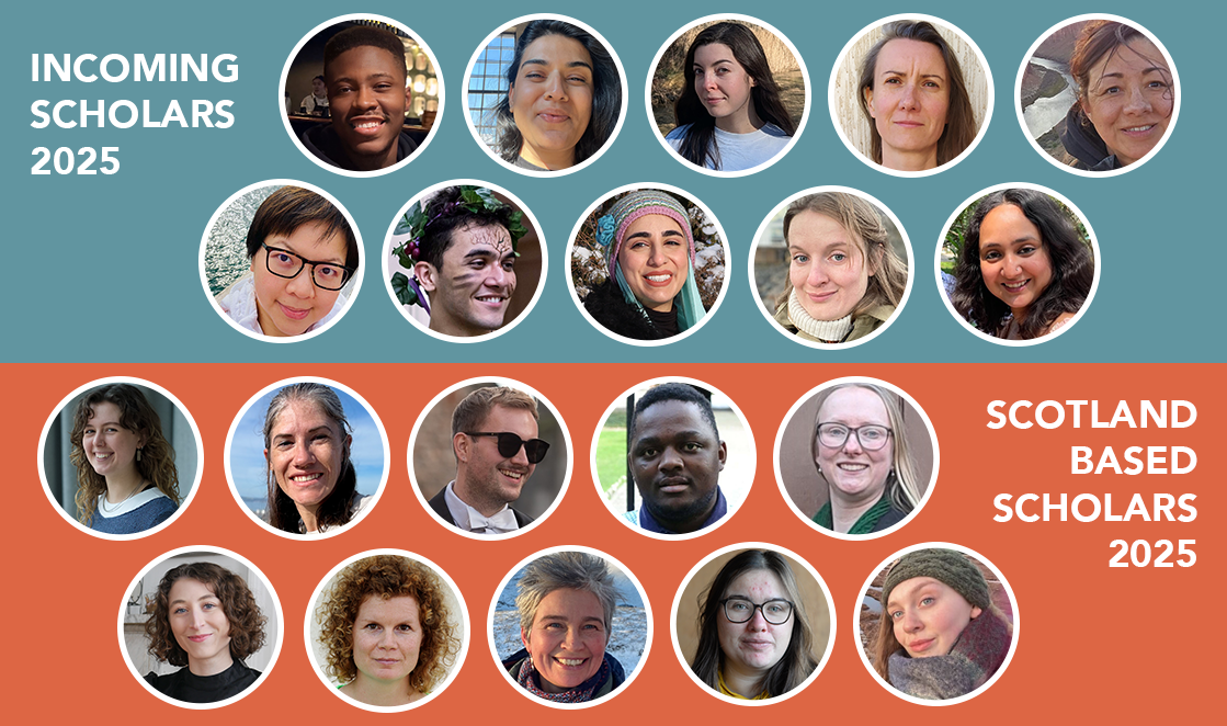 20 circular photos of the 2025 EARTH Scholars on blue and orange backgrounds