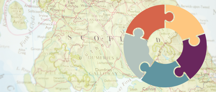 Jigsaw puzzle in SGSAH colours with 5 pieces with Scotland map in the background