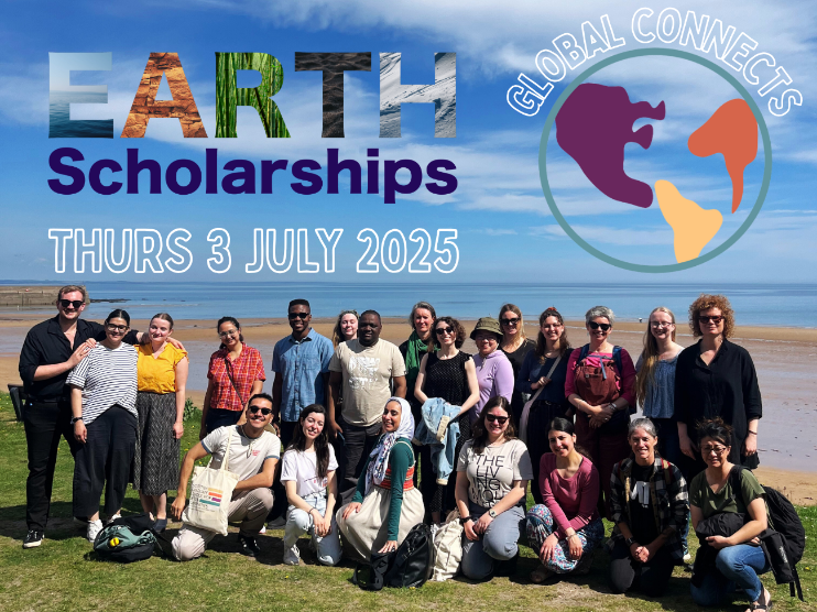 Group photo of EARTH scholars and SGSAH colleagues standing and kneeling on a grassy area near a beach under a sunny sky. Overlay text reads “EARTH Scholarships – Thurs 3 July 2025” alongside a circular “Global Connects” logo featuring a stylised globe.