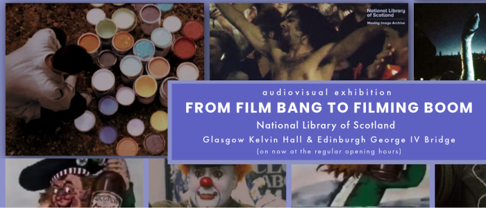 Promotional banner for the National Library of Scotland audiovisual exhibition “From Film Bang to Filming Boom,” showing film stills