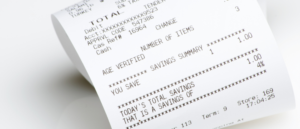 Close up of a till receipt